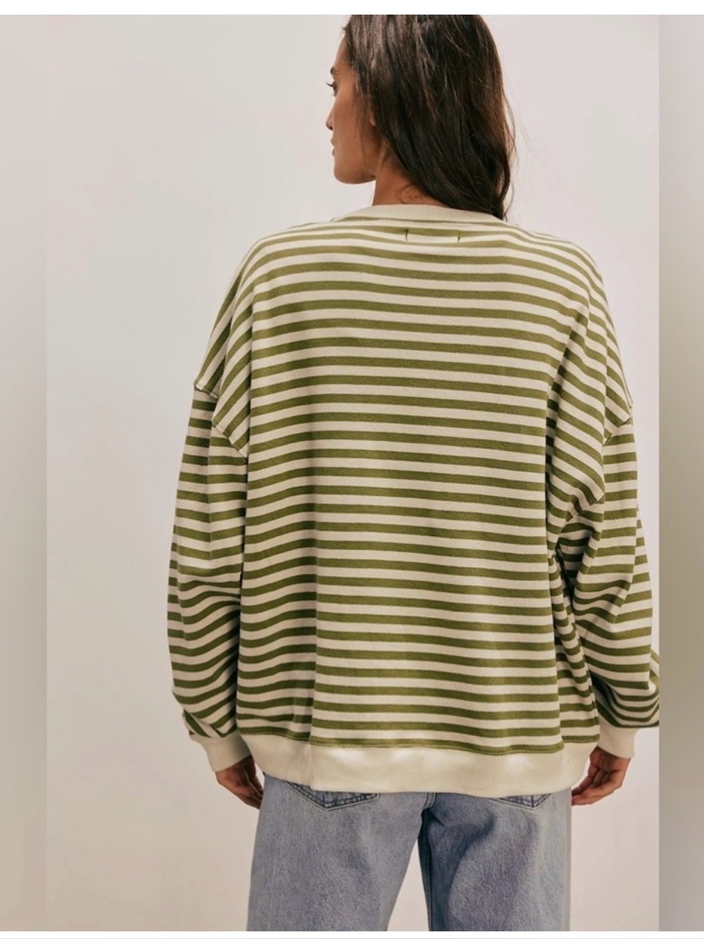 Free People Classic Striped Oversized Crewneck Green and Whilte Size Small